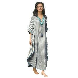 Soft Surroundings Kapalua Cafton Beaded Neck Detail Blue/Cream One Size M L XL